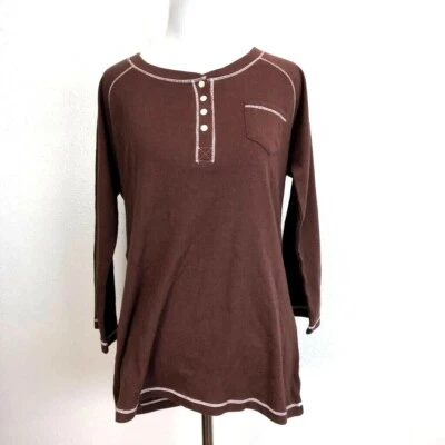 Nine & Co 女式亨利毛衣棕色口袋圆领棉混纺套衫 M 全新 — 第 1/4 张图片