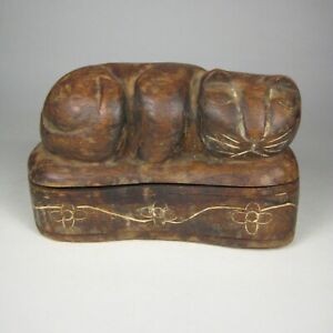 Cat Box Carved Wood Jewelry Decor Storage Trinket Dresser Top 7 x 4.2 In Heavy