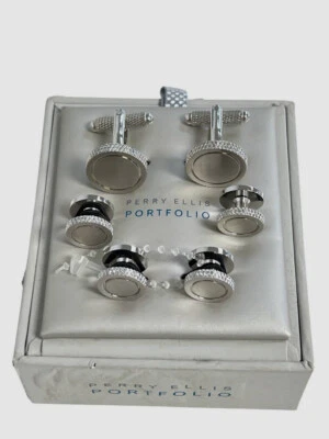 Juego de tachuelas y gemelos plateados Perry Ellis Portfolio para hombre Foto 1 de 3