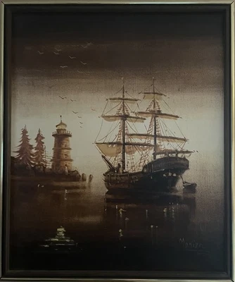 Lawrence Monier Autographed Signed Framed Painting Of Sailboat Lighthouse 25x21” - Image 1 of 4