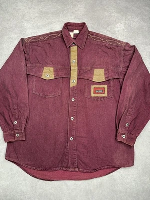 Vintage Major Damage Shirt Mens Large Maroon Western Denim Long Sleeve 90s Patch - Image 1 of 4