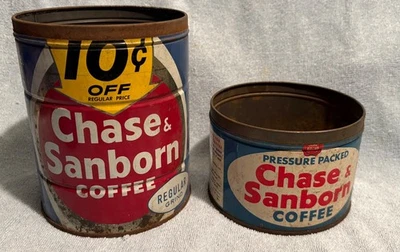 2 Vintage Chase & Sanborn Coffee Cans Advertising Tin 1 & 2 Lbs Farmhouse Decor - Image 1 of 4