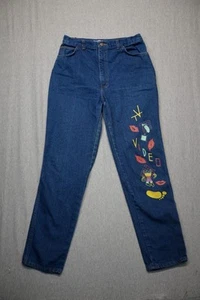 Vintage Elk Brand Jeans Girls 13/14 Blue Denim Graphic Tapered Leg Print 90's - Picture 1 of 12