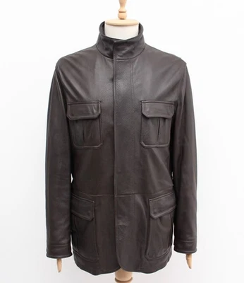 正品男式 Ermenegildo ZEGNA 棕色皮革野战夹克外套尺寸适合 L-XL — 第 1/4 张图片