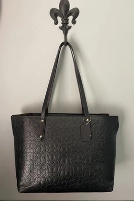 Rare COACH Central Zip Tote Signature Black Refined Calf Leather Embossed Laptop - Image 1 of 4