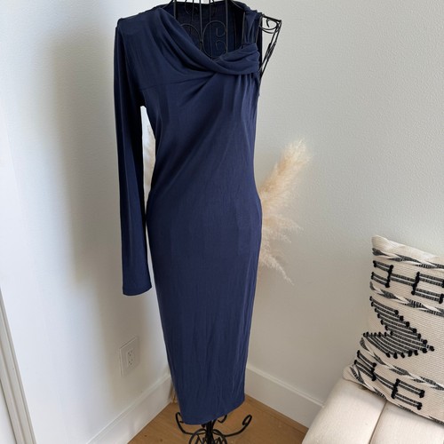 VETEMENTS Abito Monrow spazzolato a costine monospalla midi bodycon blu navy piccolo NUOVO