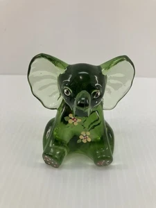 VTG Hand Painted Fenton Art Glass Green Elephant Figurine Signed Mary Olmstead - Picture 1 of 7