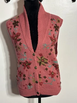 VINTAGE Eddie Bauer Women Small SweaterVest Wool Pink Floral Shawl Collar Button - Image 1 of 4