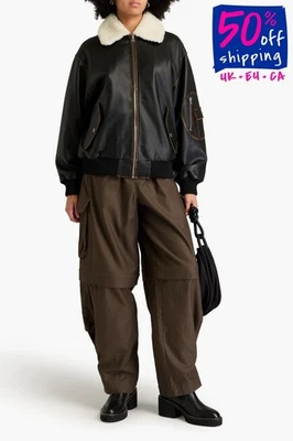 PVP€750 SANDRO Chaqueta Bomber de Cuero FR38 US6 UK10 M Forrada Cuello Desteñido Foto 1 de 4