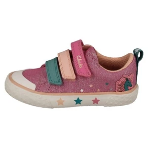Kinder Clarks Foxing Play Tierdetail Klett Rosa Canvas Schuhe - Bild 1 von 4