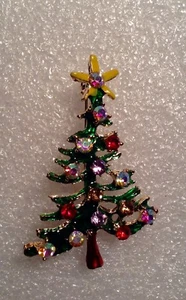 WEIHNACHTSBAUM BROSCHE ANSTECKNADEL farbige Kristalle, grüne Emaille, goldfarbene Legierung - Bild 1 von 2