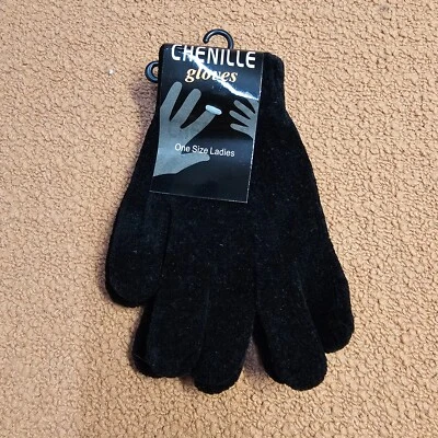 Guantes de chenilla lisos negros talla única nuevos spandex acrílico para mujer y mujer W7a Foto 1 de 3
