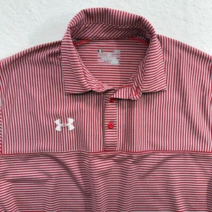 Under Armour Heat Gear Golf Polo Logo Loose Fit Stretch Striped Red Gray Mens L - Picture 1 of 11