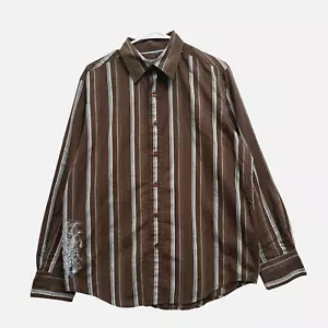 VTG Y2K Anchor Blue Men's M Embroidered Brown Striped Long Sleeve Button Up 00s - Picture 1 of 10