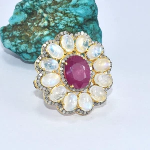 Rubí Natural & Piedra Luna, Pavé Diamante Anillo, 925 Plata de Ley, Regalo Bodas - Imagen 1 de 8