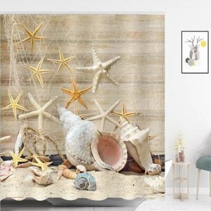 Beach Shower Curtain Seashell Starfish Shell Waterproof Fabric Bathroom Beige¡ - Picture 1 of 7
