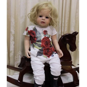 Bambola 28" Reborn rifinita bambina giocattolo giallo capelli ricci panno corpo regalo - Foto 1 di 3