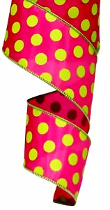 Lime Green Polka Dots 2.5" by 4 yd Pink Satin Wired Ribbon Christmas Whymsical - Picture 1 of 3