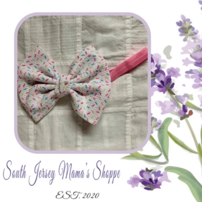 Infant Headband Pink Band White With Pastel Ice Cream Sprinkles Bow 3-6 Months - Image 1 of 4