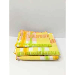 Vtg BURLINGTON 2 Twin Flat Sheets & 1 Pillowcase Plaid Stripe Tiger Yellow Pink - Picture 1 of 6