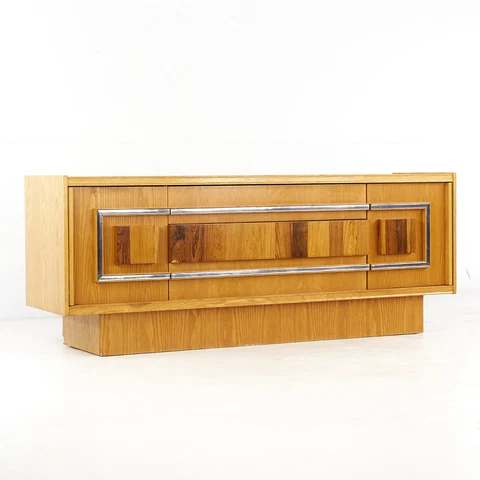 Milo Baughman Style Brutalist Mid Century Oak and Chrome Lowboy Dresser Cover