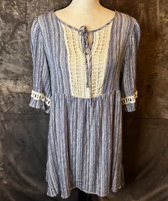 Gibson & Latimer Dress Small Blue White Mini Boho Prarie Lined Half Sleeve - Image 1 of 4