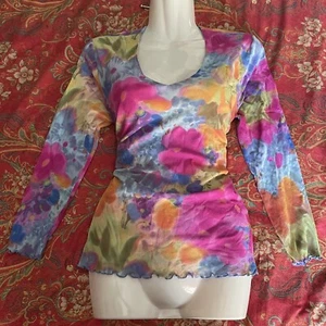 S Vintage y2k Mesh Langarm bunt hell Blumen V-Ausschnitt Print Top dehnbar - Bild 1 von 10