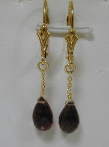 14K Yellow Gold Briolette Garnet Dangle Drop Leverback Earrings 1 3/8" 1.7gr - Picture 1 of 4