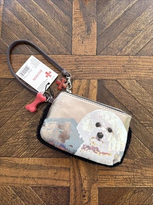 NWT FuzzyNation Bichon Puppy Dog Wristlet Change Purse 6x4” Gray Fur Lined Zip - Image 1 of 4
