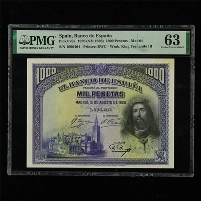 1928 Spain Banco de Espana 1000 Pesetas Pick#78a PMG 63 Choice UNC - Image 1 of 4