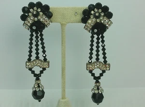 Vtg Lois Ann Art Deco Black Faceted Glass Rhinestone Chandelier Runway Earrings - Picture 1 of 19