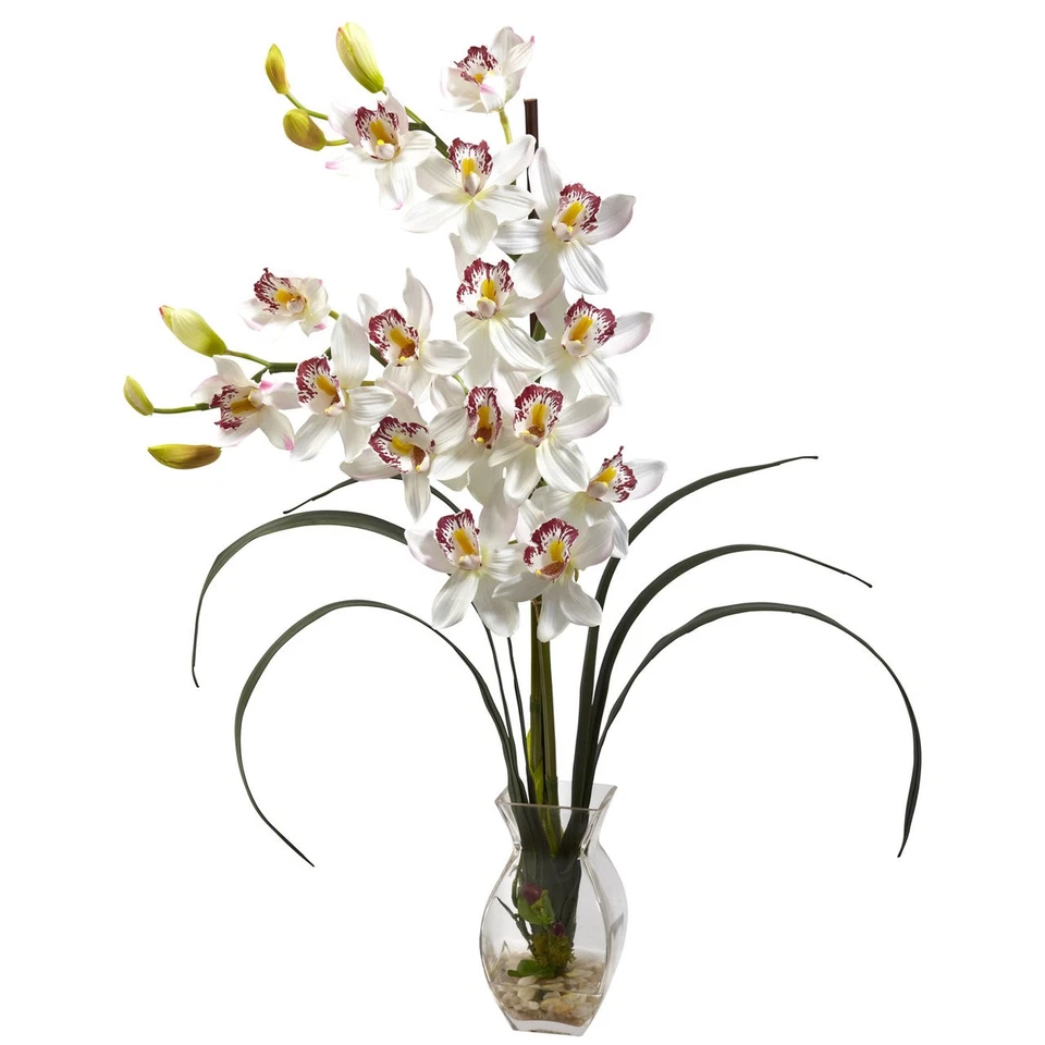 Nearly Natural Cymbidium Orchid With Vase Arrangement White