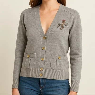 Y2K Juicy Couture Gray Wool Cashmere-Blend Crest Cardigan Sweater Size L - Image 1 of 4