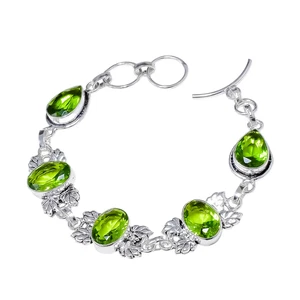 Green Peridot Gemstone Handmade 925 Sterling Silver Jewelry Chain Bracelet - Picture 1 of 7