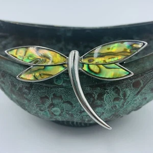 Lovely Signed Lia Sophia Dragonfly Brooch Silver-Tone With Abalone Shell Wings - Picture 1 of 6