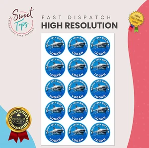 15X GREAT WHITE SHARK 2" ROUND PERSONALISED EDIBLE BIRTHDAY CUPCAKE TOPPERS - Picture 1 of 1