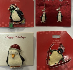 Vtg Lot 4 Penguin Brooch Pin Dangle Earring Christmas Santa Penguins Silver Tone - Picture 1 of 15