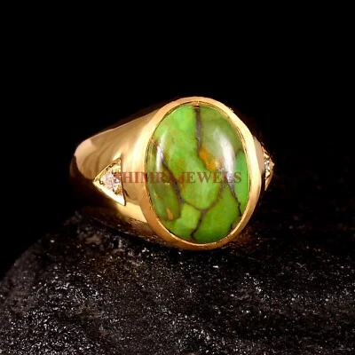 Lab Created Green Copper Turquoise 18K Gold Plated Silver Ring For Men's #89 - Image 1 of 4