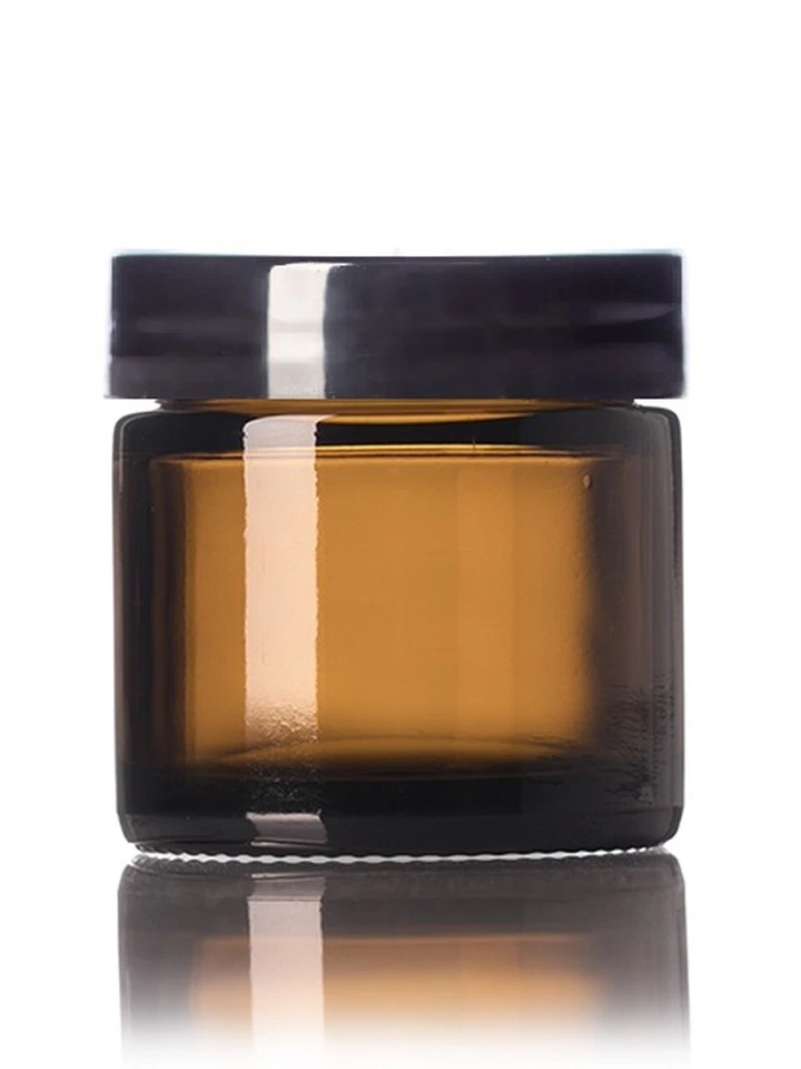 2 OZ STRAIGHT SIDED GLASS JAR, BOROSILICATE GLASS WITH BLACK SMOOTH CAPS - Image 1 of 1