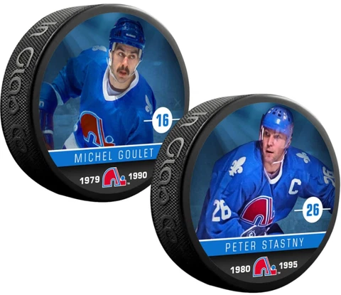 Peter Stastny & Michel Goulet Quebec Nordiques NHL Alumni Photo Puck Set Cover