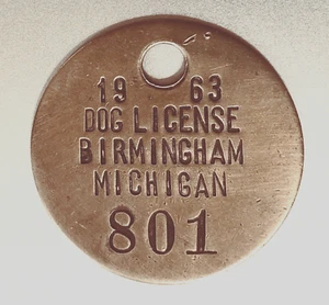 1963 Dog License Tax Brass Tag: BIRMINGHAM MI; Upscale Eclectic Detroit Suburb - Picture 1 of 1