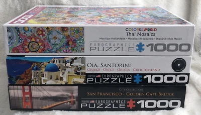 Eurographics Puzzle Lot 3 -1000 Pieces￼ Greece Golden Gate  Thai Mosaic Preowned - Image 1 of 4