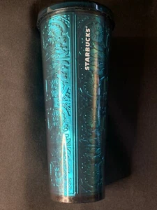 Starbucks 2017 Cold Cup 24 Oz Tumbler Embossed Tin Floral Metallic Foil Teal - Bild 1 von 8