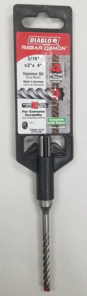 Карбидное сверло Diablo DMAPL4030 Rebar Demon SDS-Plus 4-Cutter, 3/16 дюйма x 2 дюйма x 4 дюйма - Изображение 1 из 1