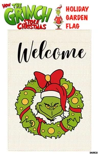 THE GRINCH - Bandiera Welcome Garden Decorazione Natalizia Striscione 12” x 18” NUOVO - Foto 1 di 5