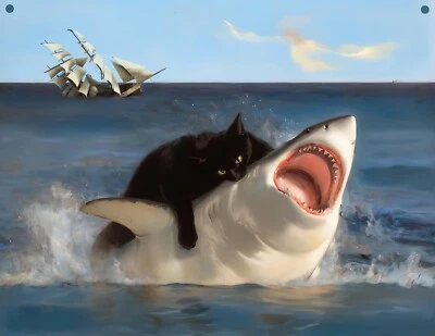 Алюминиевая табличка с юмором Cat Biting Shark Funny Cat And Shark 8 дюймов x 10 дюймов - Изображение 1 из 2