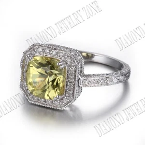 Silver Cushion 8mm Lemon Crystal SI/H Diamonds Filigree Engagement Wedding Ring - Picture 1 of 8
