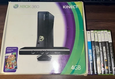 Microsoft Xbox 360 Slim Black 4gb console with Kinect Bundle CIB Tested W/ Games - Image 1 of 4