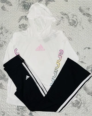 Girls Adidas White Hooded Long Sleeve & Black Flare Leggings Sz/ Medium (10-12) - Image 1 of 4