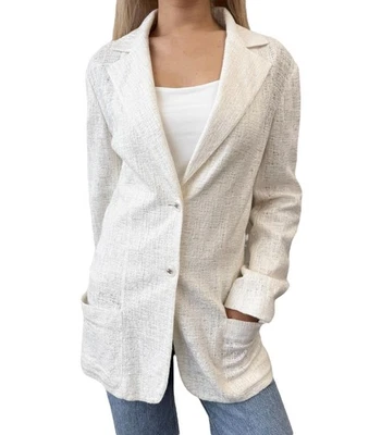 Chaqueta Blazer CHANEL Vintage 98P CC Logo Botón Boucle Tweed #38 Blanco Plata Foto 1 de 4